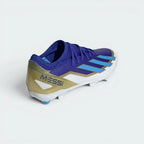 Focuses on the reinforced heel structure and the professional finish of the minimalist Messi-branded design details.