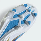 Close-up of a shoe sole with blue and white pattern on a light gray background