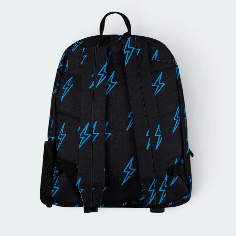 Emphasising the locked-in padded straps and the professional depth of the neon blue print.