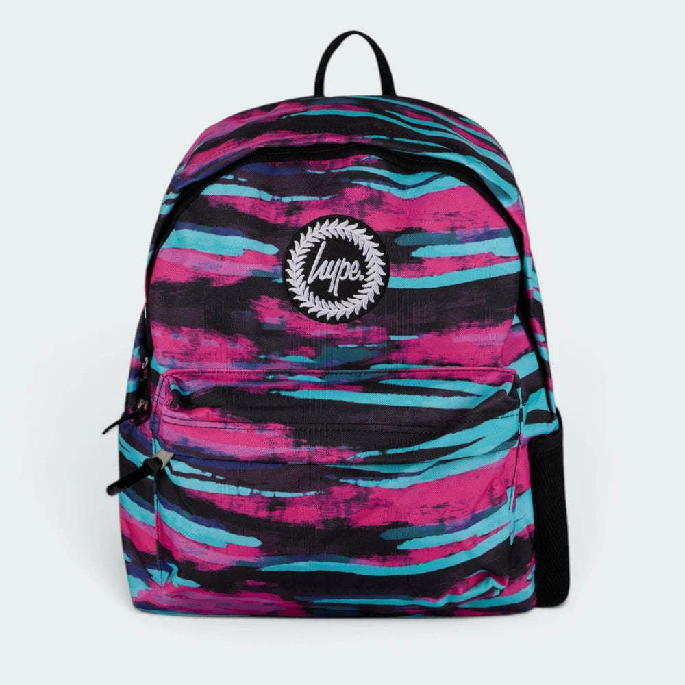 Focuses on the locked-in zip closure and the professional embroidered HYPE. crest against the scribble print.
