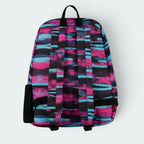 Emphasising the locked-in padded straps and the professional depth of the electric teal print.