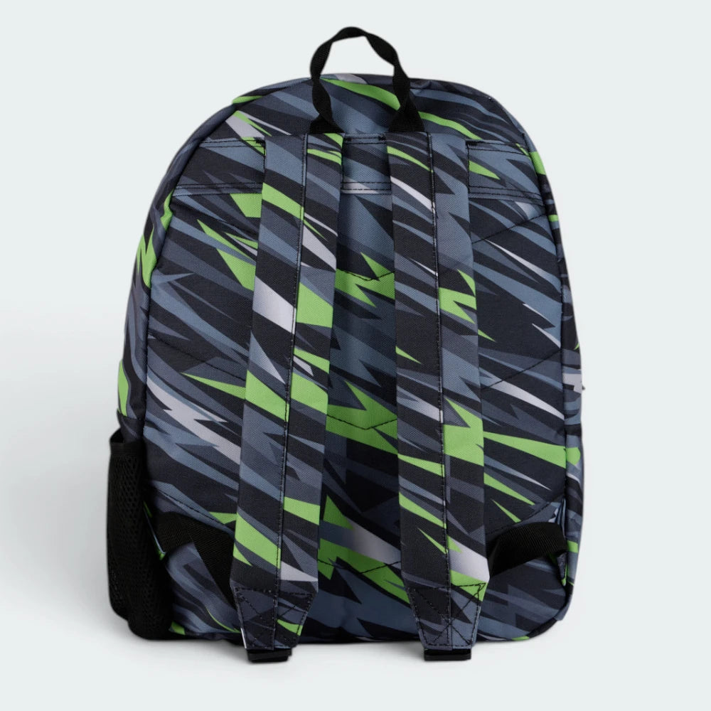 Emphasising the locked-in padded straps and the professional depth of the lightning bolt pattern.