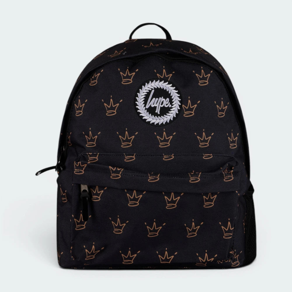 Focuses on the locked-in zip closure and the professional embroidered HYPE. crest against the crown print.