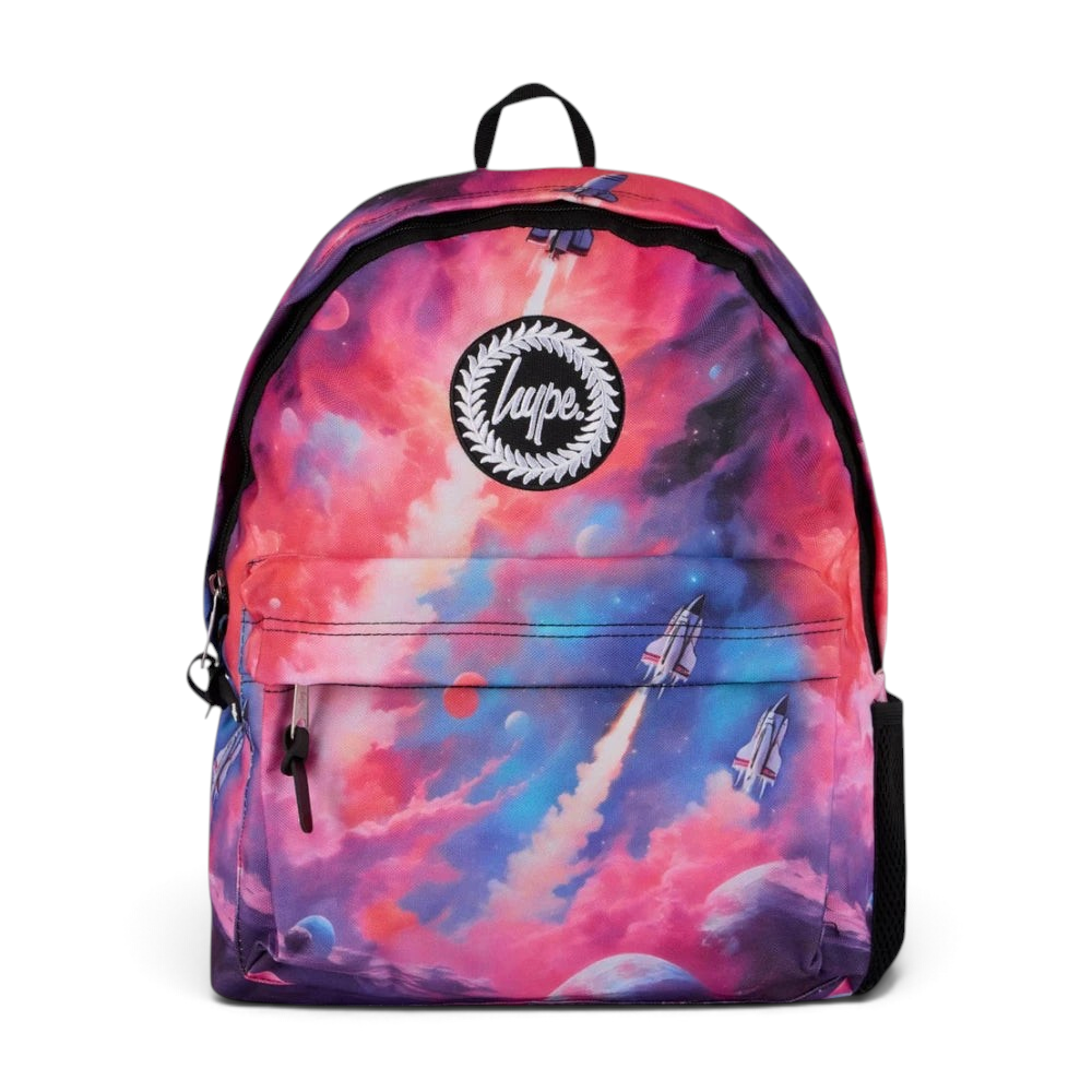 Focuses on the locked-in zip closure and the professional embroidered HYPE. crest against the nebula print.