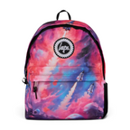Focuses on the locked-in zip closure and the professional embroidered HYPE. crest against the nebula print.