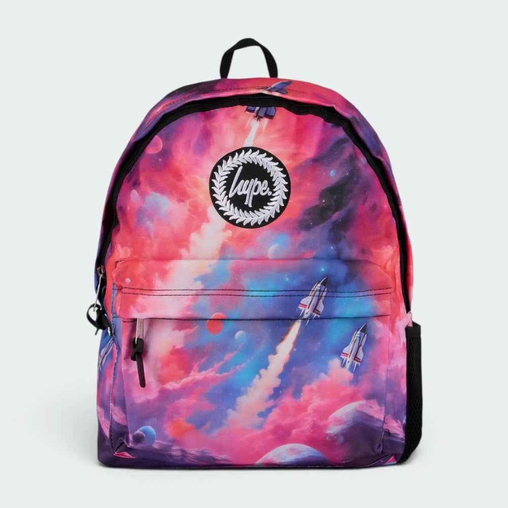 Focuses on the locked-in zip closure and the professional embroidered HYPE. crest against the nebula print.