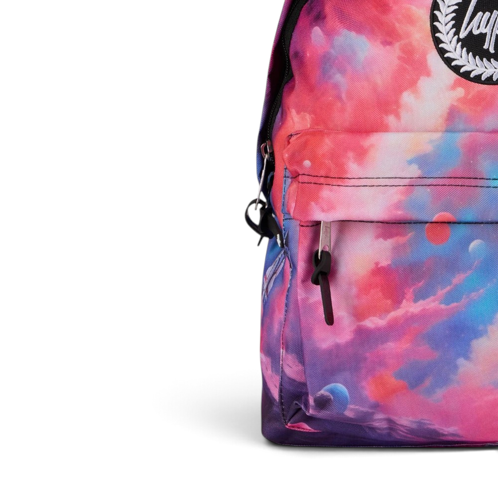 Details the high-definition embroidery and the precision of the front pocket zip.