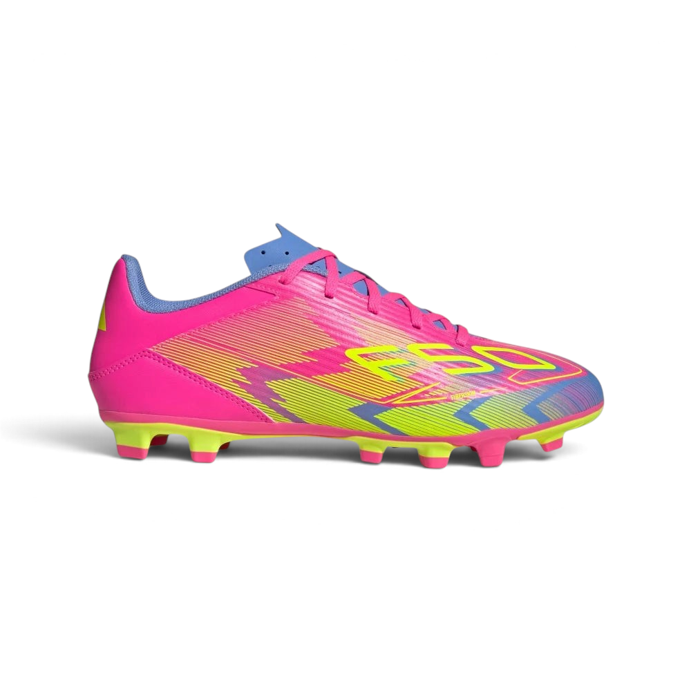 Highlights the high-velocity sweep of the Lucid Pink upper, showing the crisp execution of the Lucid Lemon 3-Stripes, the contrasting Blue Fusion heel collar, and the low-profile multi-terrain soleplate studs.