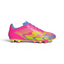 Highlights the high-velocity sweep of the Lucid Pink upper, showing the crisp execution of the Lucid Lemon 3-Stripes, the contrasting Blue Fusion heel collar, and the low-profile multi-terrain soleplate studs.