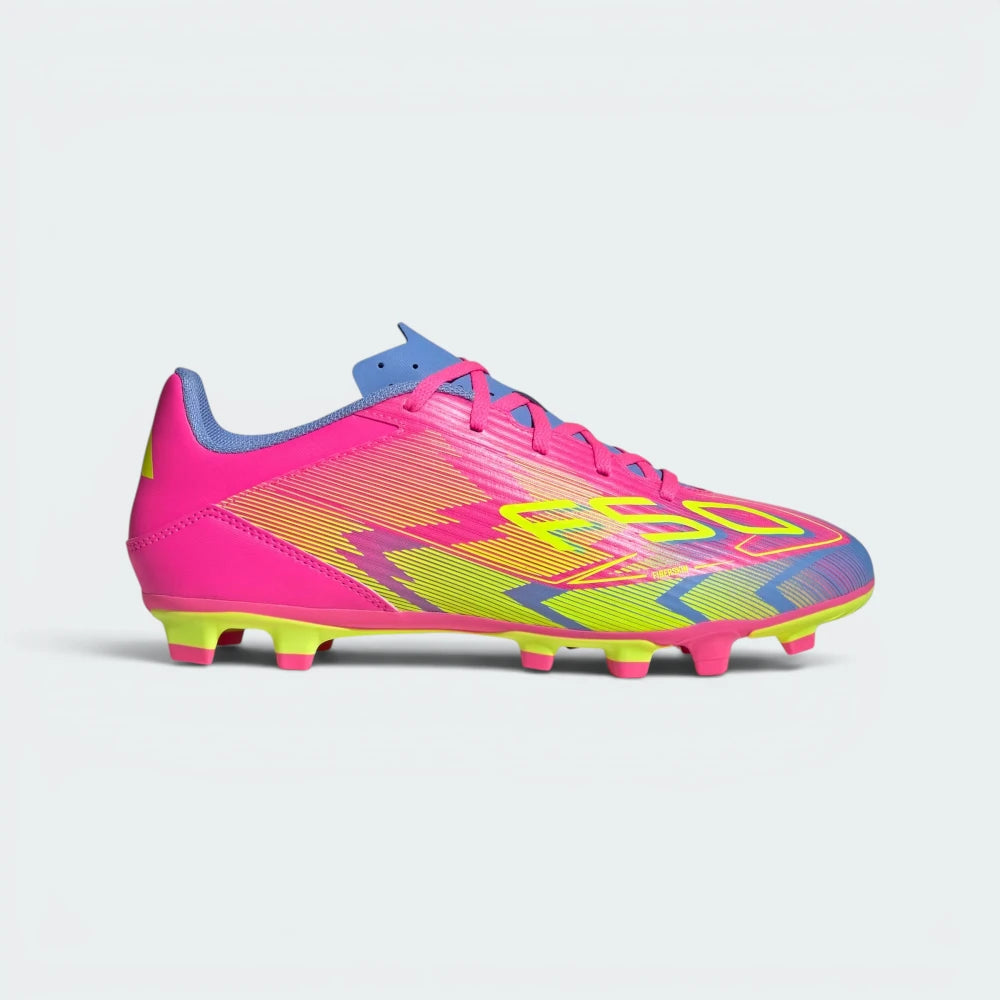 Highlights the high-velocity sweep of the Lucid Pink upper, showing the crisp execution of the Lucid Lemon 3-Stripes, the contrasting Blue Fusion heel collar, and the low-profile multi-terrain soleplate studs.