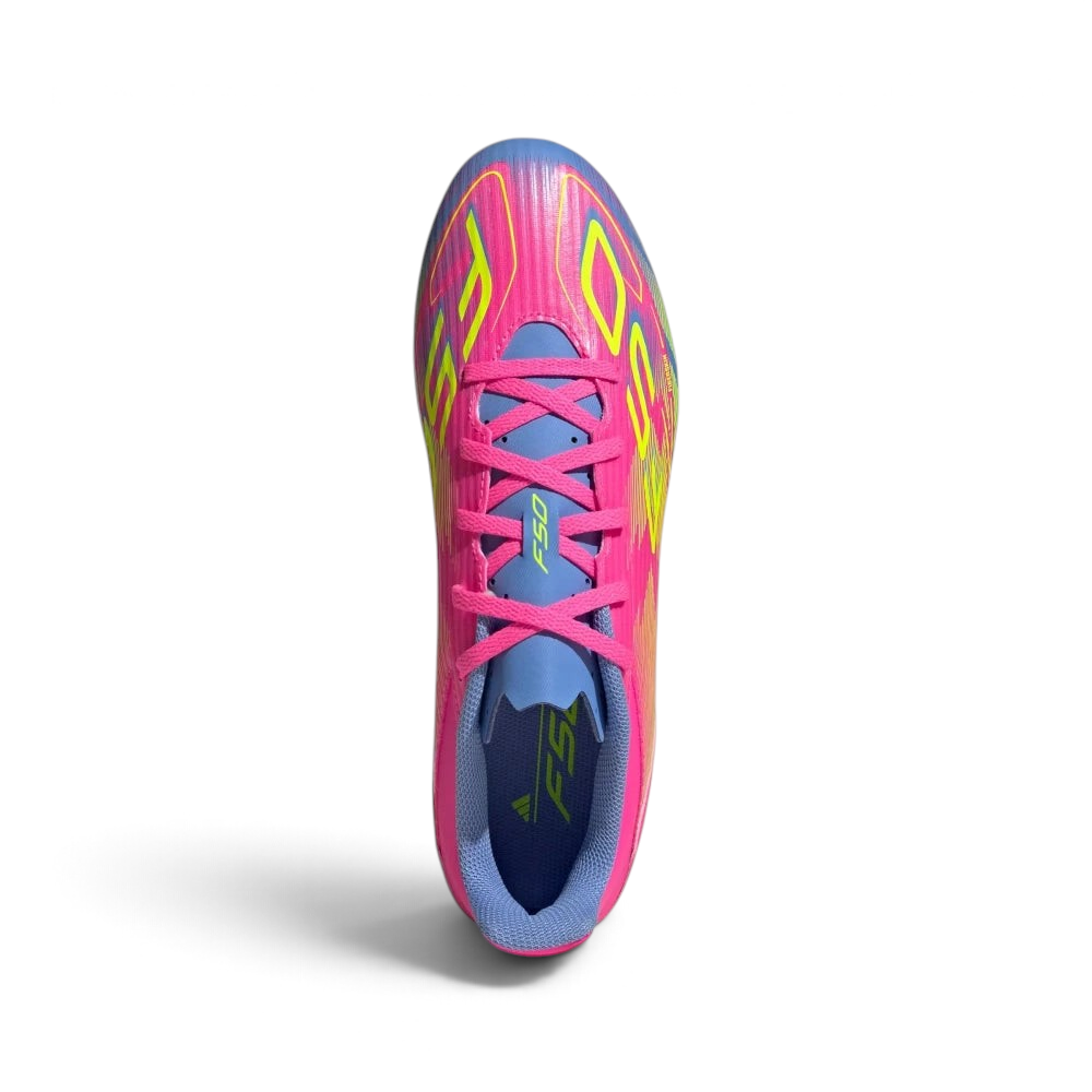 Focuses on the locked-in central lacing layout, displaying the clean symmetry of the pink Fiberskin forefoot texture, the perforated tongue, and the soft textile lining inside.