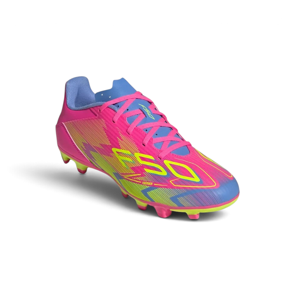 Emphasising the light, forward-leaning stance of the boots and the vibrant harmony of the pink, lemon, and blue fusion contrast panels.