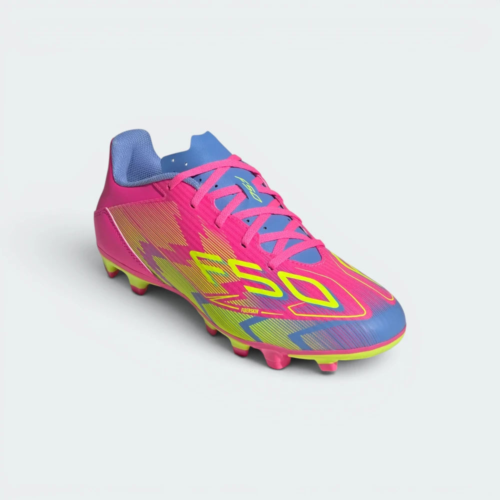 Emphasising the light, forward-leaning stance of the boots and the vibrant harmony of the pink, lemon, and blue fusion contrast panels.