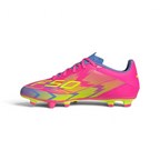 A single Adidas soccer cleat in vibrant neon pink, featuring a yellow and lime green graphic pattern, neon yellow 'F50' branding, and blue accents on the collar and tongue, set against a light gray background.