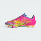 A single Adidas soccer cleat in vibrant neon pink, featuring a yellow and lime green graphic pattern, neon yellow 'F50' branding, and blue accents on the collar and tongue, set against a light gray background.