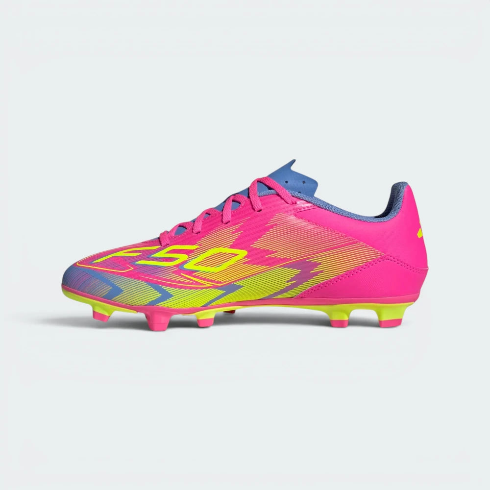 A single Adidas soccer cleat in vibrant neon pink, featuring a yellow and lime green graphic pattern, neon yellow 'F50' branding, and blue accents on the collar and tongue, set against a light gray background.