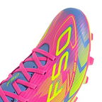 Details the micro-textured Fiberskin pattern wrapping the front toe cap to optimize ball touch, alongside the neat lace tracking.