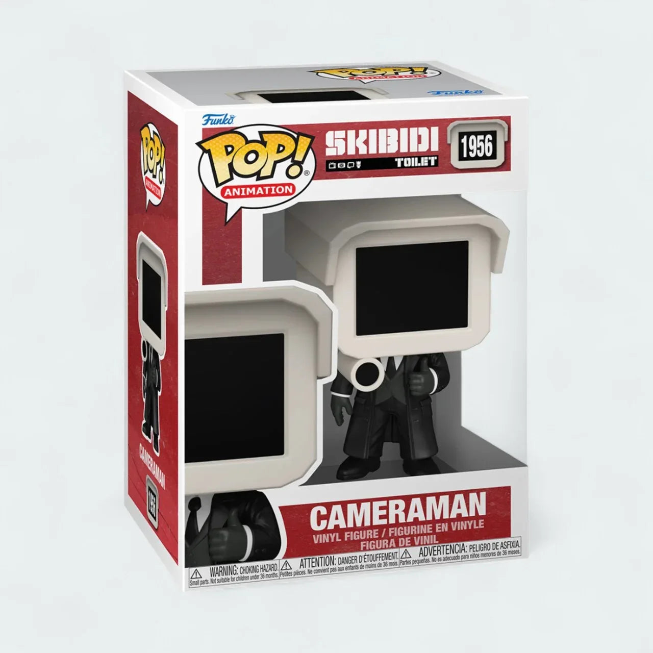 Funko Pop! Animation Skibidi Toilet Cameraman #1956 vinyl figure in window display box, showing the character with a camera head and dark attire. Main image