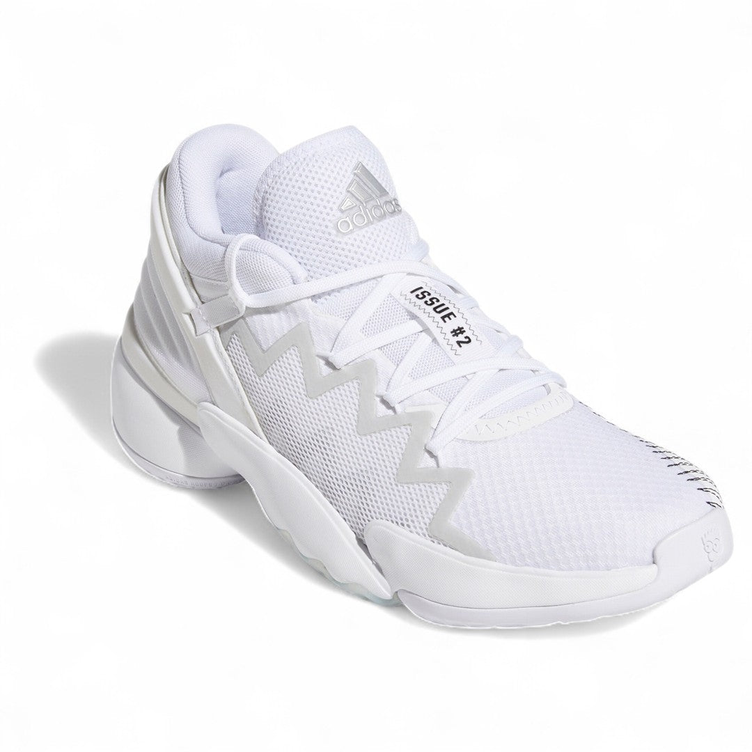 Angled two Adidas D.O.N. Issue 2 Men's basketball sneakers in white, black, and blue, side by side, showcasing their bold design.