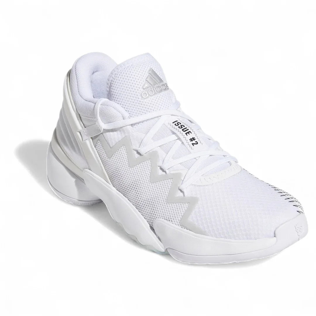 Angled two Adidas D.O.N. Issue 2 Men's basketball sneakers in white, black, and blue, side by side, showcasing their bold design.