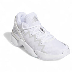 Angled two Adidas D.O.N. Issue 2 Men's basketball sneakers in white, black, and blue, side by side, showcasing their bold design.