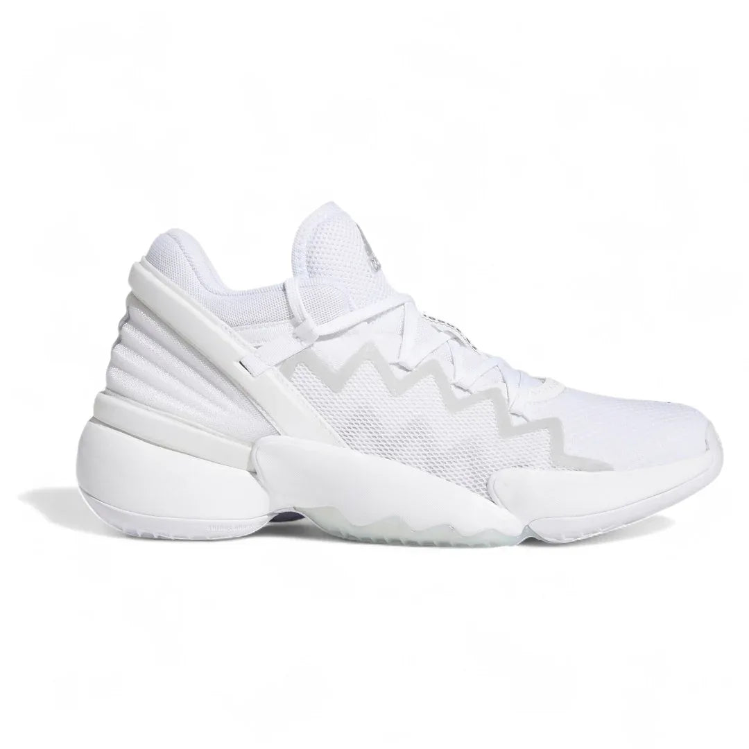 Adidas D.O.N. Issue 2 Men's basketball sneakers in white with black and sky tint blue accents, side profile showing the layered upper and Bounce midsole.