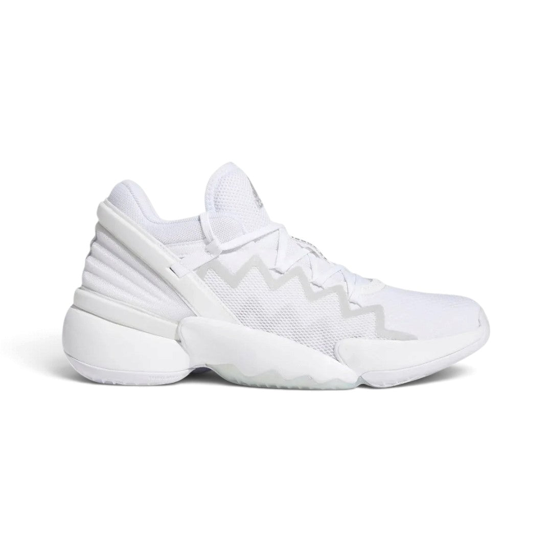 Side profile of the Adidas D.O.N. Issue 2 basketball sneaker in Footwear White featuring the breathable textile upper and responsive Bounce midsole. Main image