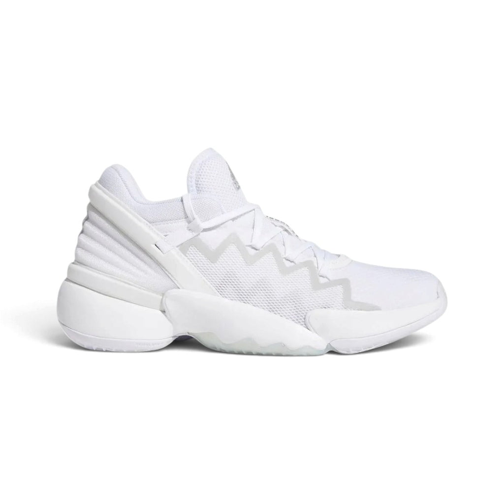 Side profile of the Adidas D.O.N. Issue 2 basketball sneaker in Footwear White featuring the breathable textile upper and responsive Bounce midsole.