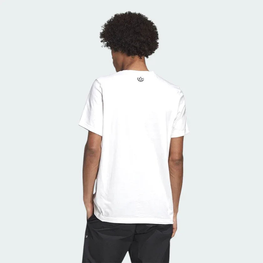 A white Adidas Samstag graphic tee logo on the back of the neck