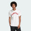 A man wearing a white Adidas t-shirt with the word 'SAMSTAG' printed in red letters across the chest.