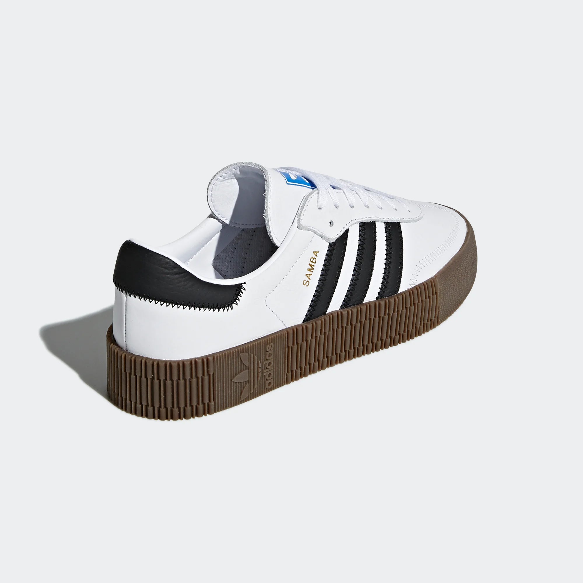 Focuses on the clean, plain black heel cap and the professional finish of the platform stitching.