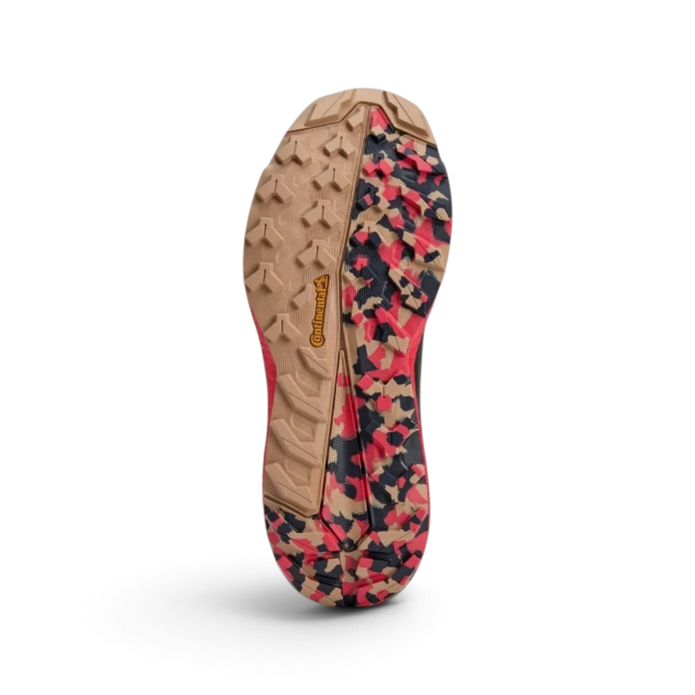 Displays the technical Continental™ Rubber tread matrix showcasing its rugged camo design outsole built for unreal trail traction.