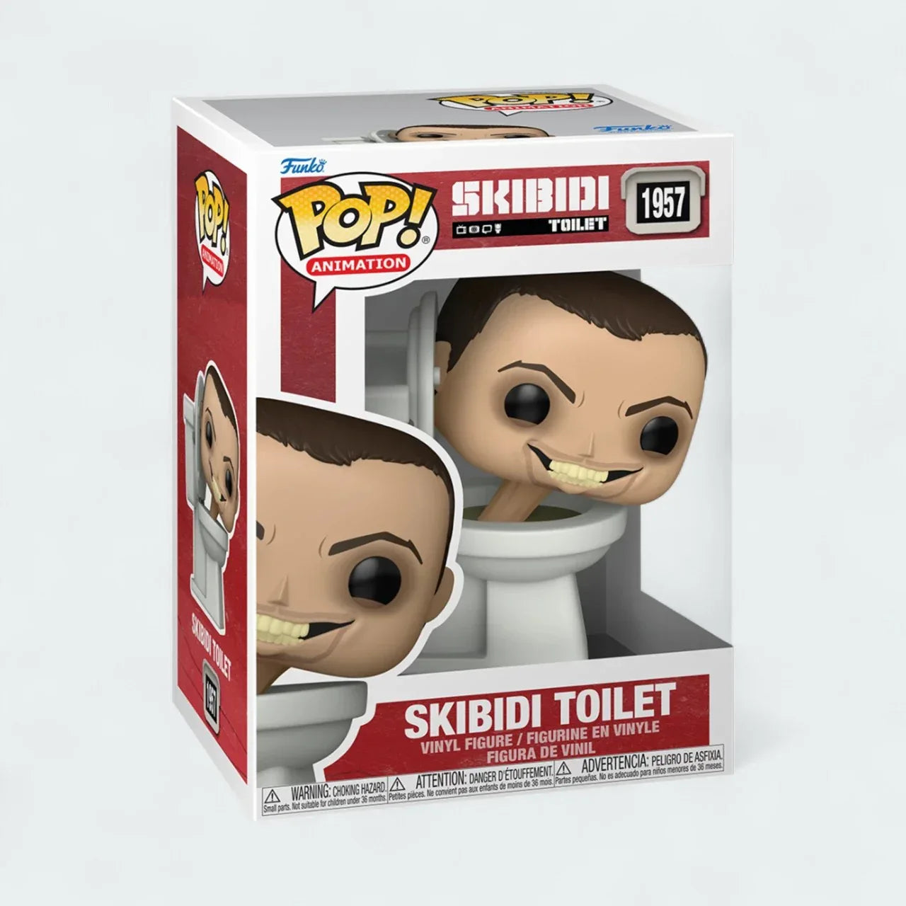 Funko Pop! Animation Skibidi Toilet #1957 vinyl figure in window display box, showing a toilet with a head emerging from it. Main image
