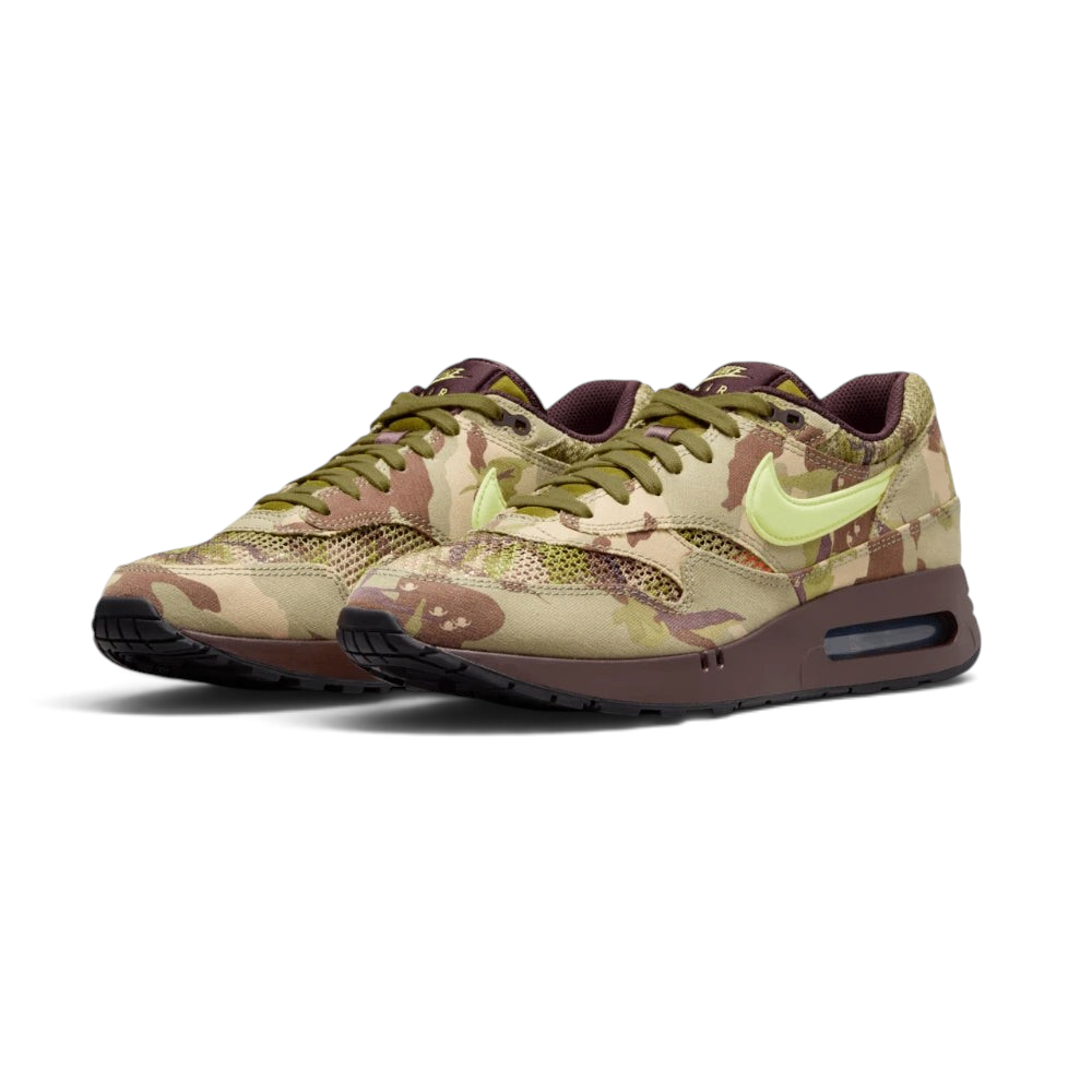 Emphasises the low-slung, forward-leaning athletic running stance and the professional harmony of the earth-tone green and brown panels.