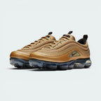 Emphasising the aggressive, raised stance of the hybrid silhouette and the professional distribution of the reflective gold tones.