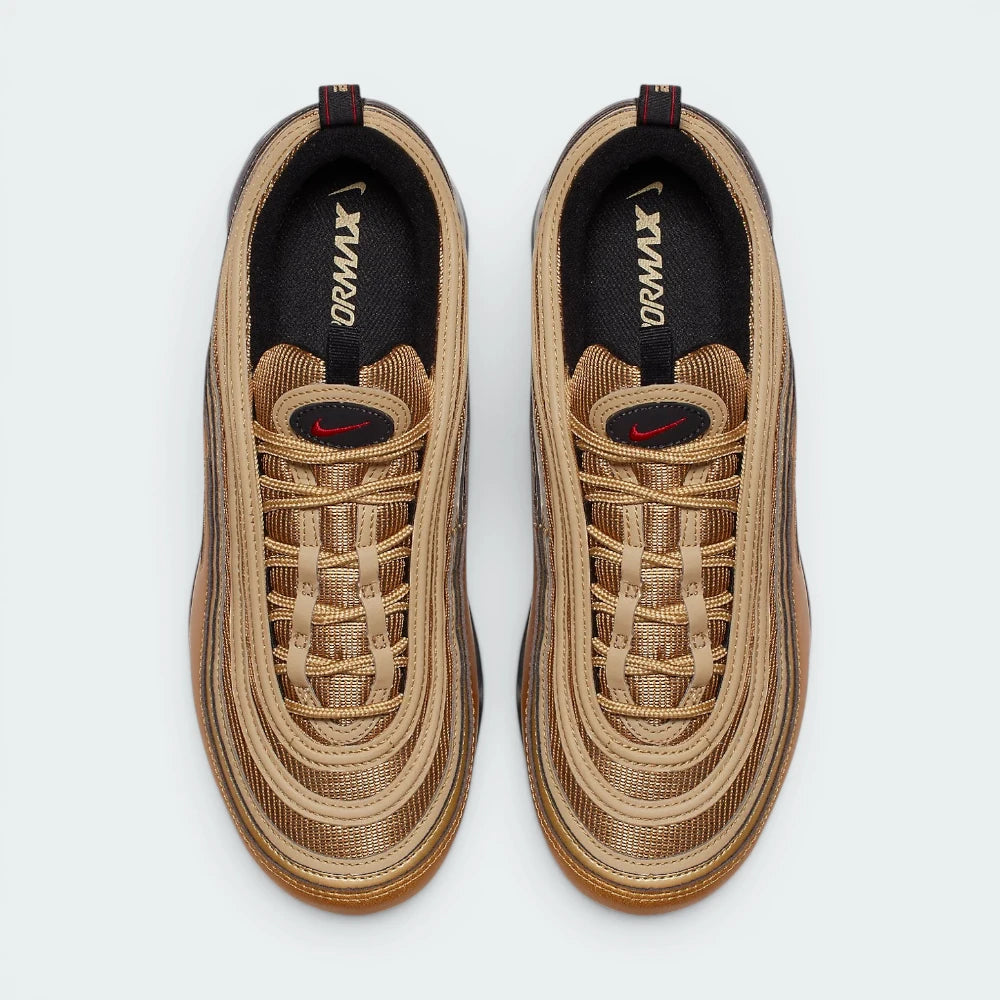 Focuses on the locked-in hidden lacing layout, the clean alignment of the gold mesh tongue, and the symmetrical sweep of the piping guarding the front box.