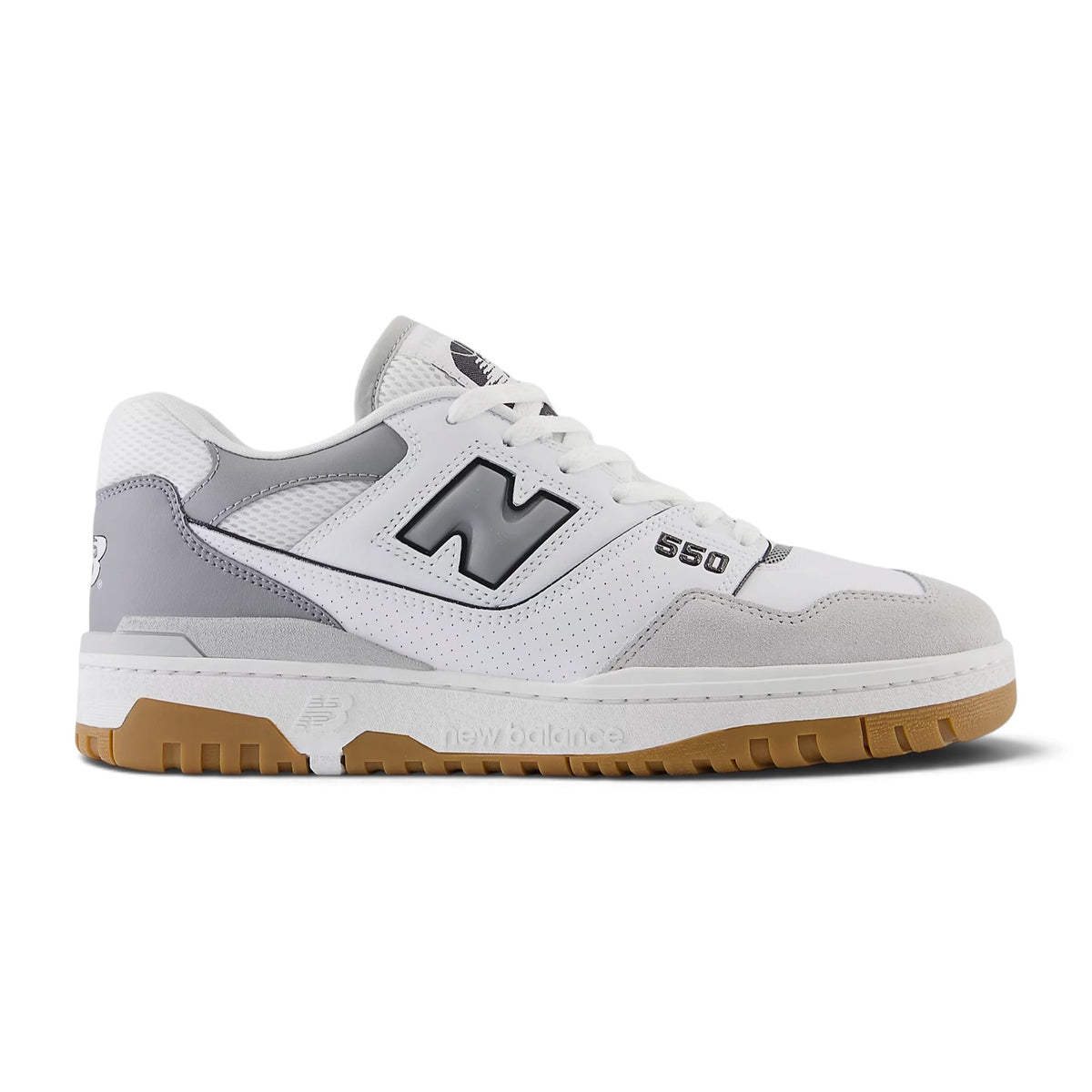 Displays the full lateral silhouette featuring the crisp white full-grain leather upper, perforated midfoot panels, Brighton Grey suede toe bumper, puffed two-tone 'N' logo with Nori green border, stitched white midsole, and gum rubber outsole rim.