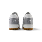 Close-up rear angle focusing on the structured white leather heel counter, Nori green and Brighton Grey textile collar inserts, embroidered Flying 'NB' logo, and solid rubber cupsole base.