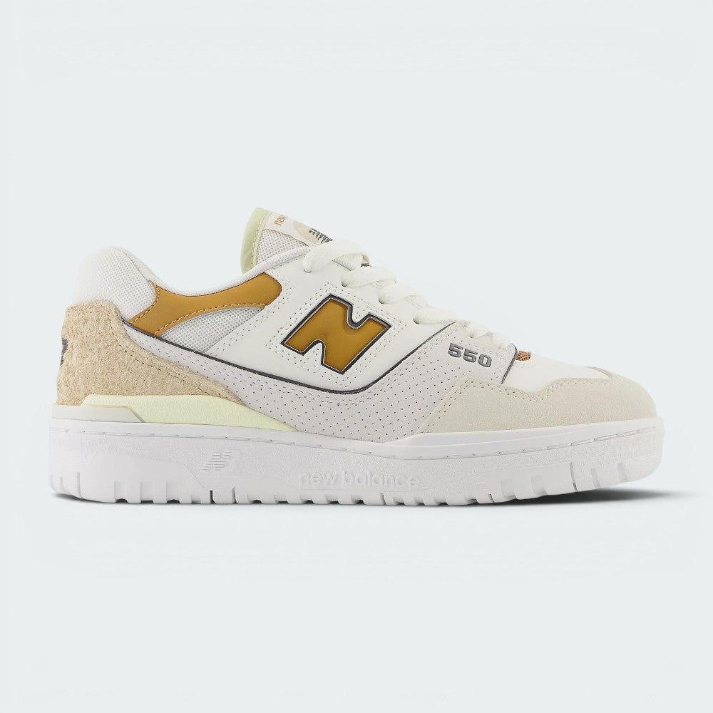Highlights the clean lateral profile of the white leather upper, showcasing the warm Tobacco "N" logo, the Sea Salt suede toe bumper, the hairy suede heel panel, and the crisp white rubber cupsole with debossed "new balance" script.