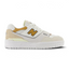 Highlights the clean lateral profile of the white leather upper, showcasing the warm Tobacco "N" logo, the Sea Salt suede toe bumper, the hairy suede heel panel, and the crisp white rubber cupsole with debossed "new balance" script.