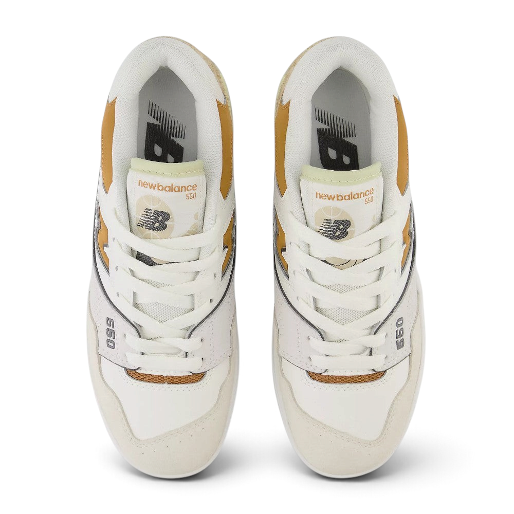 Focuses on the locked-in central lacing layout, displaying the symmetry of the white mesh tongue, matching laces, orange basketball tongue tag graphics, and black "NB" branding printed on the grey insoles.