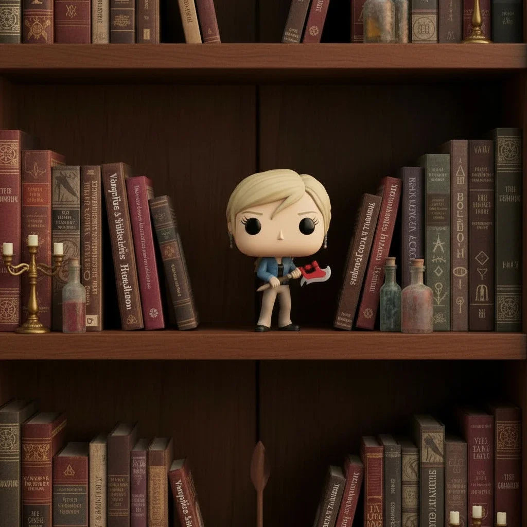 Buffy as a funko pop in giles library