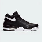 Highlights the high-velocity sweep of the contrasting white Nike Swoosh, showing the professional, multi-paneled black leather upper, the padded mid-top ankle collar, and the visible heel Air window embedded in the white midsole wall.