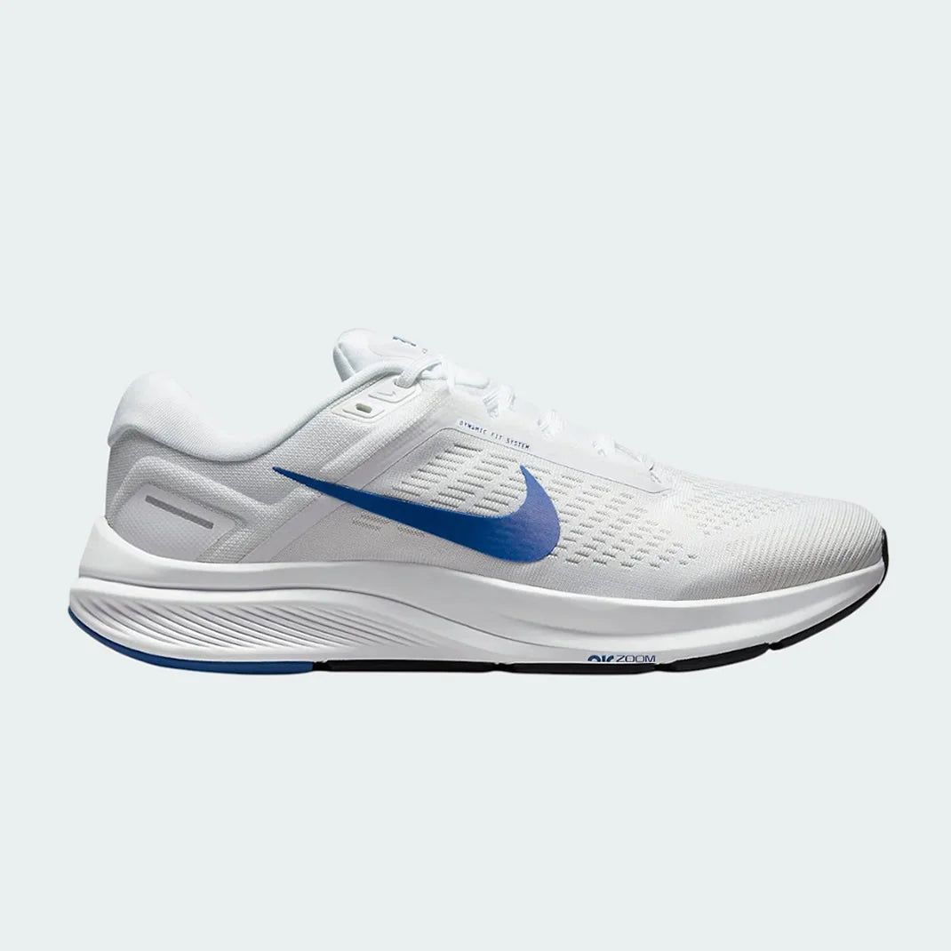 Nike Air Zoom Structure 24 Men's running shoes in white with hyper royal blue accents, side profile showing engineered mesh upper, cushioned midsole, and Nike Swoosh.