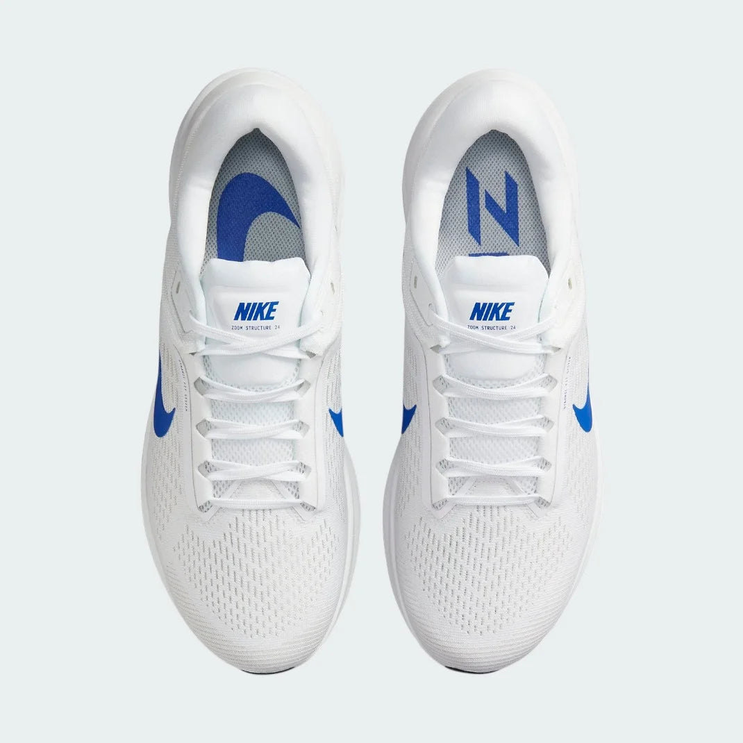 Top-down view of a pair of Nike Air Zoom Structure 24 Men's running shoes in white, highlighting their streamlined silhouette and lace-up closure.