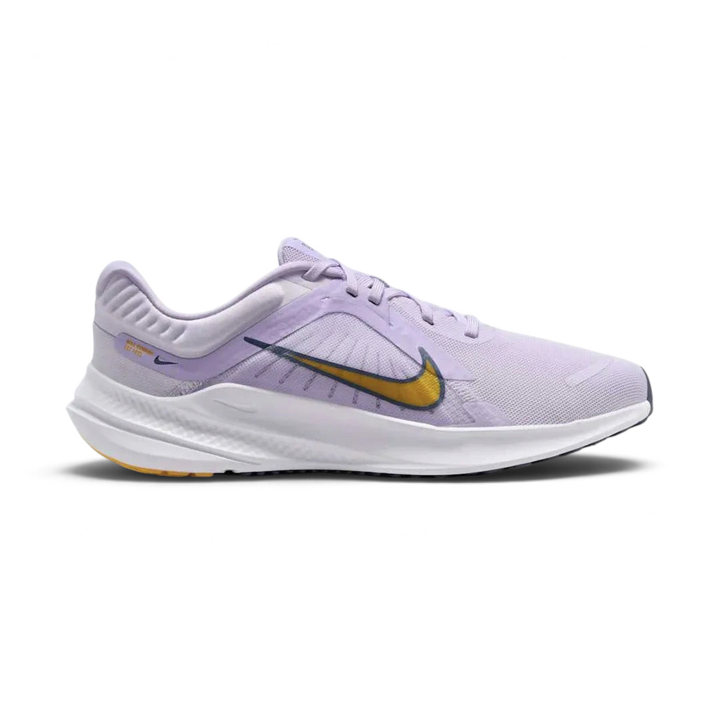 Nike Quest 5 Women's Purple Running Shoes DD9291-500 side view showing breathable purple mesh upper with gold Swoosh and cushioned midsole