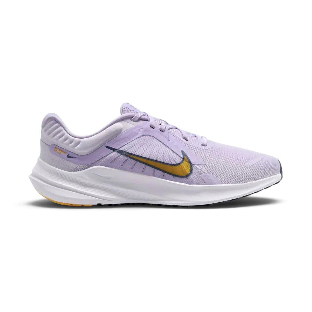 Nike Quest 5 Women's Purple Running Shoes DD9291-500 side view showing breathable purple mesh upper with gold Swoosh and cushioned midsole