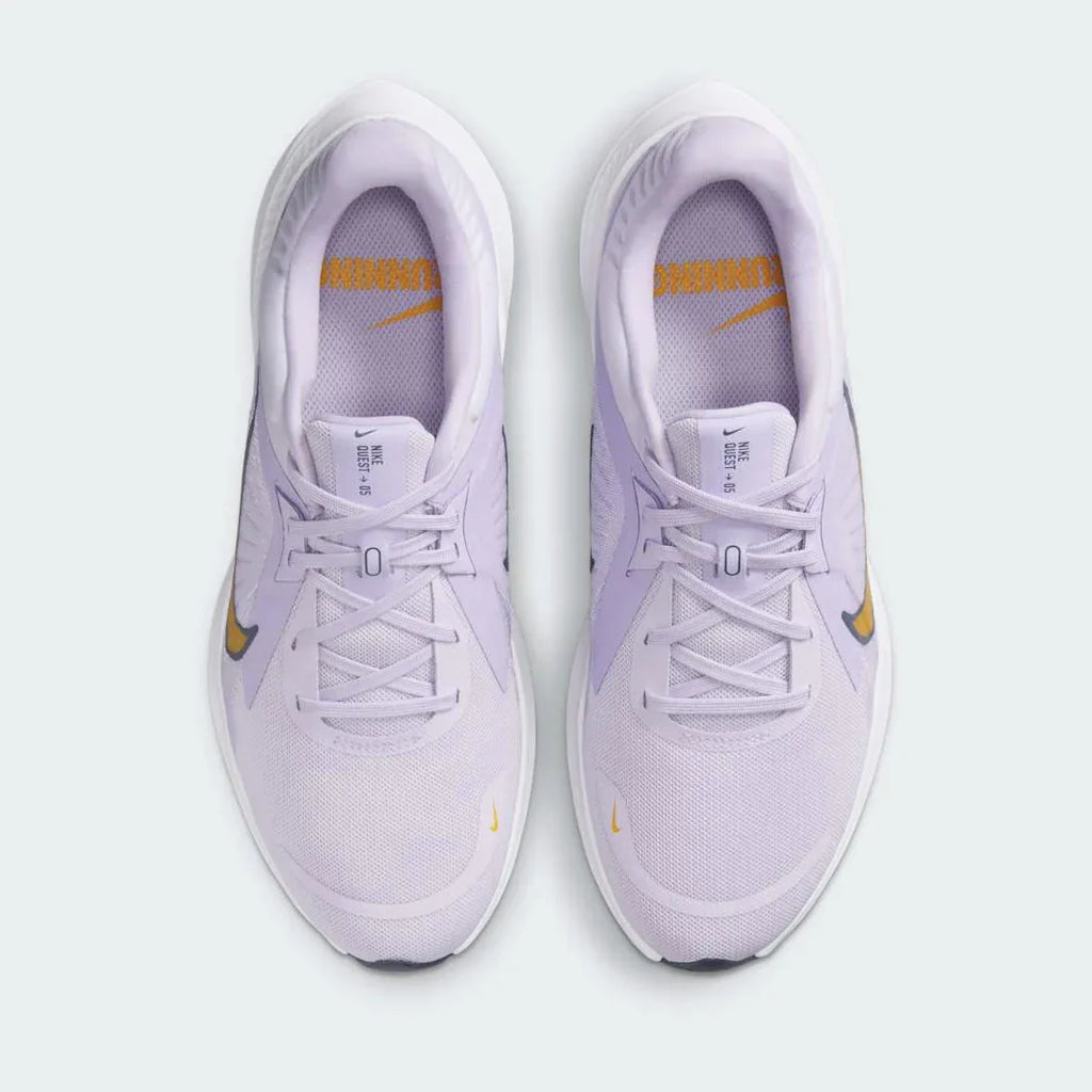 Nike Quest 5 Women's Purple Running Shoes DD9291-500 top view showing lace-up closure, padded tongue, and ventilated toe box