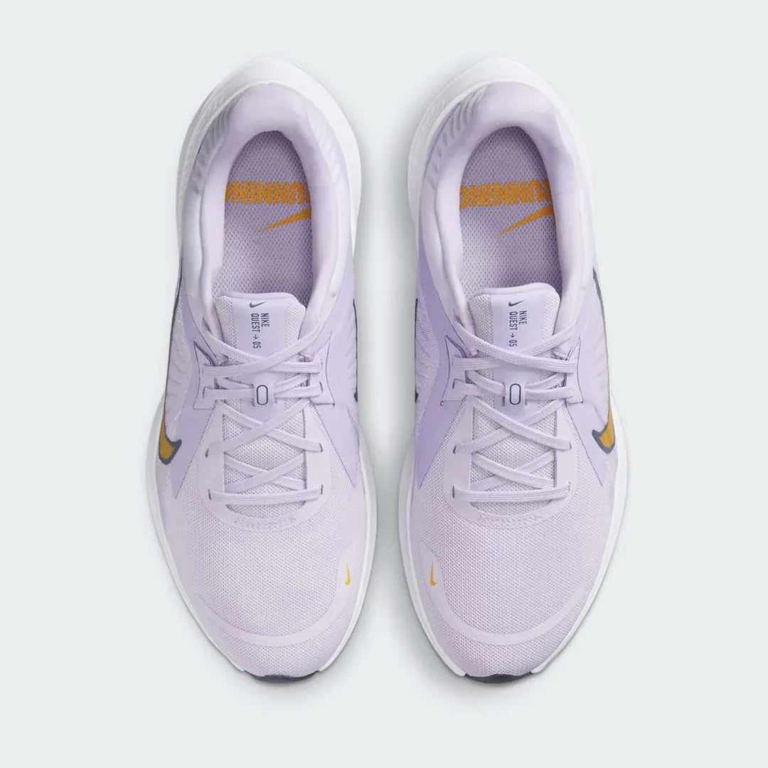 Nike Quest 5 Women's Purple Running Shoes DD9291-500 top view showing lace-up closure, padded tongue, and ventilated toe box