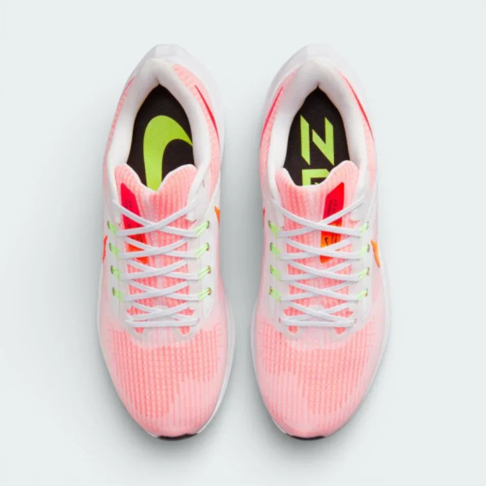 Top-down view of the Nike Air Zoom Pegasus 39 white trainers, highlighting the breathable mesh toe box and the secure Flywire lacing system.